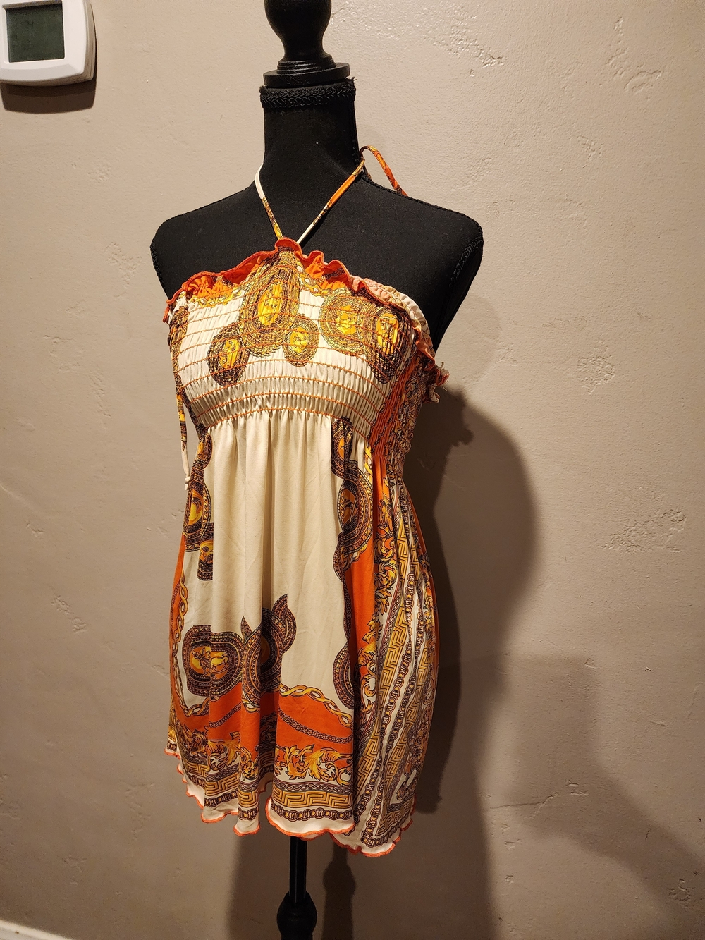 Y2k Boho Halter Mini Dress in Cream & Orange